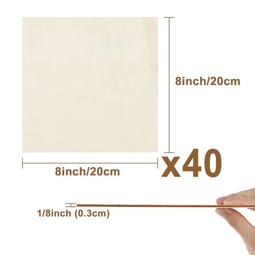 40 Pieces 8x8 Inch Wood Squares Unfinished Balsa Plywood Wood Sheets 1/8 inch Thick Blank Wood Square for Crafts, Paintings, Scrabble Tiles, Mini