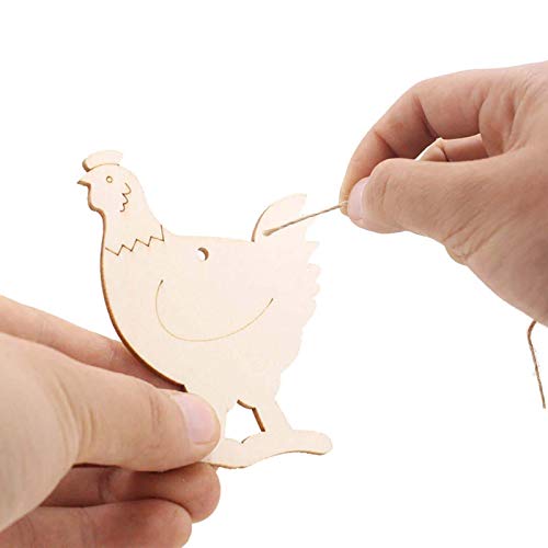 JANOU 20pcs Hen Shaped Wood DIY Craft Cutouts Chicken Unfinished Wood Gift Tags Ornaments with Ropes for Wedding Birthday Happy Easter Party