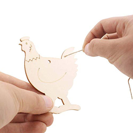 JANOU 20pcs Hen Shaped Wood DIY Craft Cutouts Chicken Unfinished Wood Gift Tags Ornaments with Ropes for Wedding Birthday Happy Easter Party JANOU