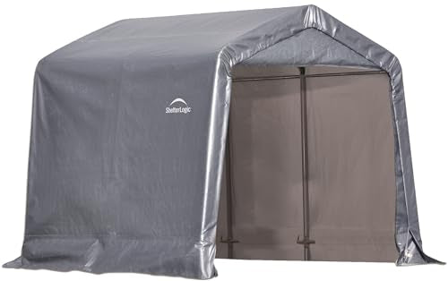 ShelterLogic 8' x 8' Shed-in-a-Box All Season Steel Metal Frame Peak Roof Outdoor Storage Shed with Waterproof Cover and Heavy Duty Reusable Auger