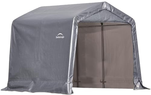 ShelterLogic 8' x 8' Shed-in-a-Box All Season Steel Metal Frame Peak Roof Outdoor Storage Shed with Waterproof Cover and Heavy Duty Reusable Auger - WoodArtSupply