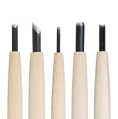 KAKURI Japanese Wood Carving Knife Set (5 Pcs) Made in Japan, Professional Wood Carving Tools for Linoleum Carving, Linocut, Printmaking, AOGAMI Blue KAKURI