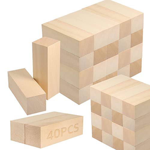 RHBLME 40 PCS Basswood Carving Blocks, 4" x 1" x 1" Unfinished Wood Blocks for Carving, Wooden Cubes Soft Solid Wooden Basswood for Wood Carving