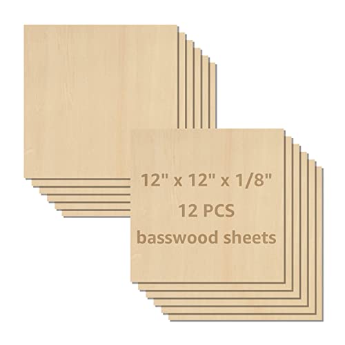 RHBLME 12 PCS Baltic Birch Plywood 1/8, 12 x 12 Inch Basswood Sheets for Crafts, Unfinished Wood Thin Wood Board, Square Plywood Boards for Crafts