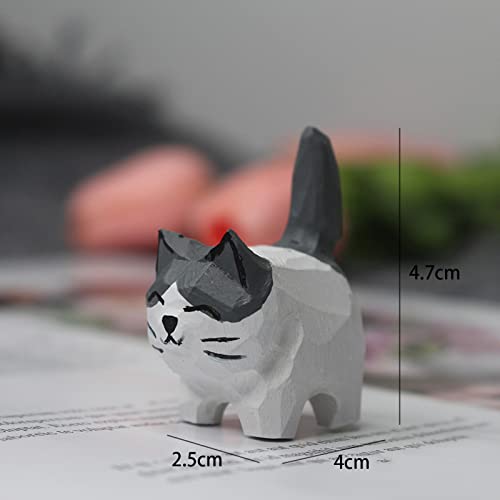 Wooden Cat Figurine - Small 1.85", Hand-Made, Carving, Decoration, Decoy, Small Animals, Cat Lover (Little White Grey Cat) - WoodArtSupply