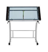 SD STUDIO DESIGNS Triflex Drawing Table, Sit to Stand Up Adjustable Office Home Computer Desk, 35.25" W X 23.5" D, Silver/Blue Glass SD STUDIO DESIGNS