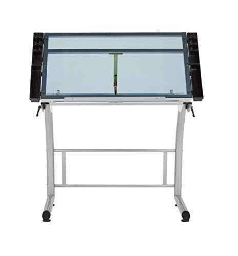 SD STUDIO DESIGNS Triflex Drawing Table, Sit to Stand Up Adjustable Office Home Computer Desk, 35.25" W X 23.5" D, Silver/Blue Glass - WoodArtSupply