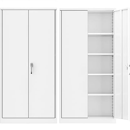 Superday Metal Storage Cabinets, 71" Steel Storage Cabinet with Lock, Tall White Cabinet with 2 Doors and 4 Adjustable Shelves for Garage, Home - WoodArtSupply