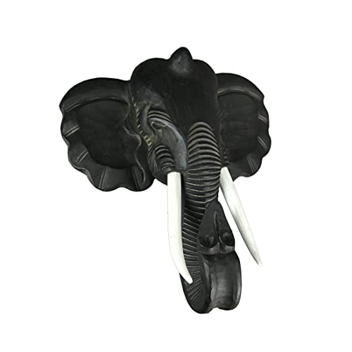 Zeckos Majestic African Elephant Head Wall Sculpture: Hand-Carved Black Wood Artistic Statue - Artisan Crafted Safari Style Decor Masterpiece - 19