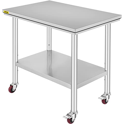 Mophorn Stainless Steel Work Table 36x24 Inch with 4 Wheels, Casters Heavy Duty Food Prep Worktable for Commercial Kitchen Restaurant Vevor