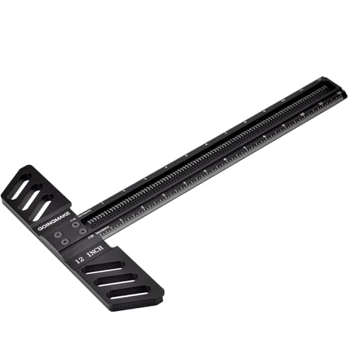 GOINGMAKE Woodworking T-Square 12 Inch Aluminum Alloy T Square Ruler 1/32" Hole Scrbing Guides Positioning Scribe Tool Precision Woodworking Ruler - WoodArtSupply