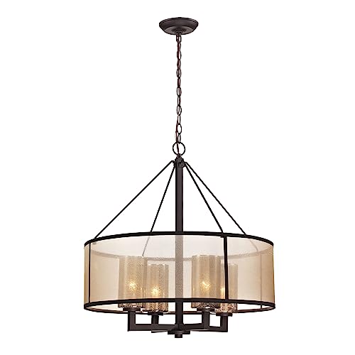 Elk Home Diffusion 4-Light Chandelier - in Oil Rubbed Bronze Finish, with Beige Organza with Mercury Glass Inner Shade, Transitional Style - WoodArtSupply