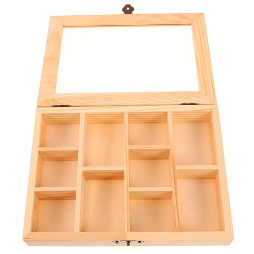 Alipis Rock Display Case Wood Blank Jewelry Organizer Box Tea Bag Organizer, Rock Collection Box 10 Grids Crystal Holder with Clear Lid Alipis