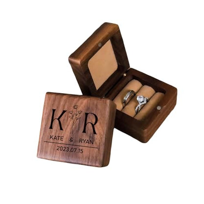 BOWIPOR Wooden Wedding Ring Box Custom Engagement Ring Box - Double Slot Ring Box, Personalized Wedding Ring Bearer, Engraved Proposal Ring Holder, - WoodArtSupply