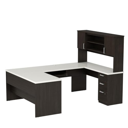 Bestar Ridgeley U-Shaped Executive Desk with Pedestal and Hutch in, 65W, White Chocolate Bestar