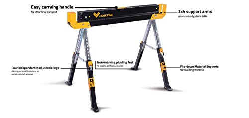 WORKESS Saw Horses 2 Pack Folding, 2600 Lbs Load Capacity & 24-32 Inch Adjustable Height Heavy Duty Sawhorse Table with 2x4 Support Arms, Portable WORKESS