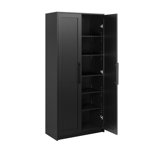 Prepac Elite Premium Home Doors, Storage, Bathroom, Pantry Cabinet with 5 Shelves, 16" D x 32" W x 72" H, Black