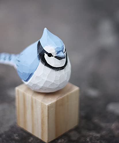 Hand Carved Wooden Bluejay Bird Figurine Wood Bird Statue Bird Scuplture for Shelf Decor WoodArtSupply