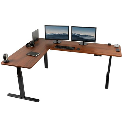 VIVO Electric Height Adjustable 83 x 60 inch Corner Stand Up Desk, 2 Dark Walnut Solid Table Tops, Black Frame, Memory Controller, L-Shaped