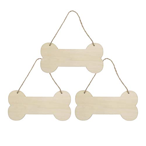 3 Pcs Dog Bone Wood Sign Blank Wooden Plaque Unfinished Wood DIY Crafts Hanging Sign with Ropes for Puppy Pet House Door Wall Decorative, 3.9x7.9 Creaides