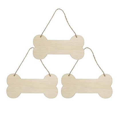 3 Pcs Dog Bone Wood Sign Blank Wooden Plaque Unfinished Wood DIY Crafts Hanging Sign with Ropes for Puppy Pet House Door Wall Decorative, 3.9x7.9
