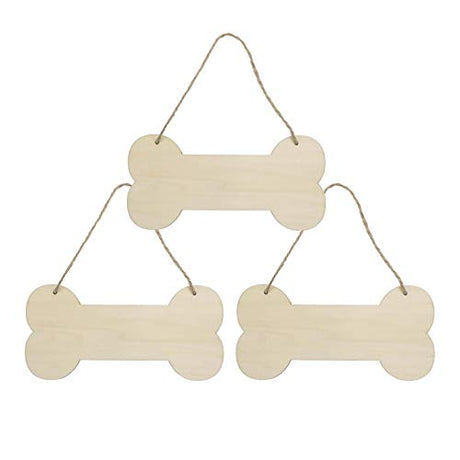 3 Pcs Dog Bone Wood Sign Blank Wooden Plaque Unfinished Wood DIY Crafts Hanging Sign with Ropes for Puppy Pet House Door Wall Decorative, 3.9x7.9 Creaides