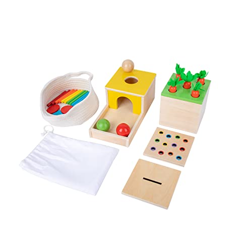 Montessori Box Toys Toddler Play Kit Coin Box, Carrot Harvest Game and Matchstick Color Drop Game (4-for-1) - WoodArtSupply