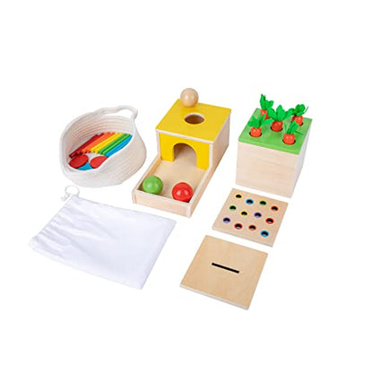 Montessori Box Toys Toddler Play Kit Coin Box, Carrot Harvest Game and Matchstick Color Drop Game (4-for-1) - WoodArtSupply