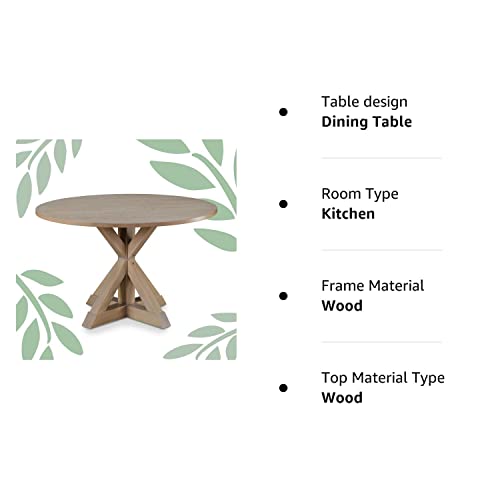 Finch Alfred Round Solid Wood Rustic Dining Table for Farmhouse Kitchen Room Decor, Wooden Trestle Pedestal Base, 46.5" Wide Circular Tabletop, Finch