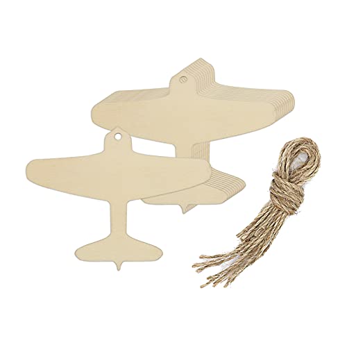 Creaides 20pcs Plane Wood DIY Crafts Cutouts Wooden Airplane Shaped Hanging Ornaments with Hole Hemp Ropes Gift Tags for Kids DIY Art Projects Home