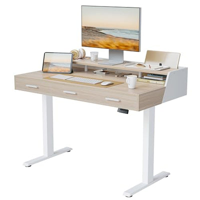 FEZIBO Electric Standing Desk with Drawers, 48x24 Inch Standing Desk Adjustable Height, Stand Up Desk with Monitor Shelf, Sit Stand Home Office Desk,