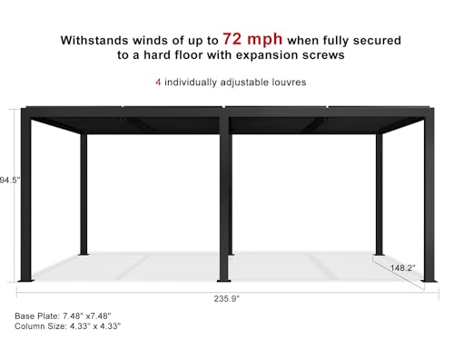 PURPLE LEAF Louvered Pergola 12' x 20' Outdoor Aluminum Pergola with Adjustable Roof for Deck Backyard Garden Grey Hardtop Gazebo PURPLE LEAF