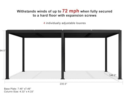 PURPLE LEAF Louvered Pergola 12' x 20' Outdoor Aluminum Pergola with Adjustable Roof for Deck Backyard Garden Grey Hardtop Gazebo - WoodArtSupply