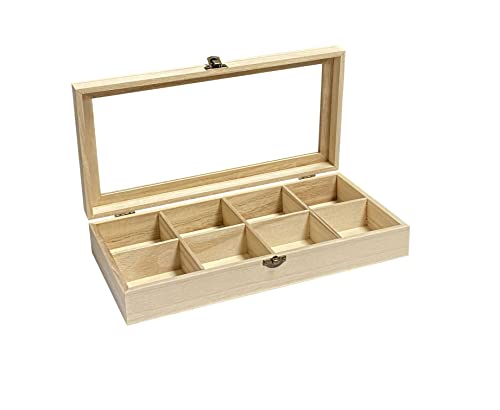 Cregugua 2 Pack Unfinished Wooden Box with Glass Lid, Wood Jewelry Storage Tray Box,8 Compartment Organizer 12.6 x 6.3 x 2.4 In