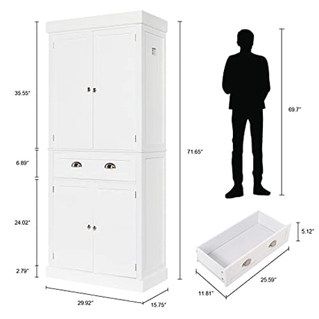VINGLI 72-Inch White Storage Cabinets with Drawers, Freestanding Pantry Cabinets with Doors and Shelves Adjustable, Wood Farmhouse Kitchen Pantry VINGLI