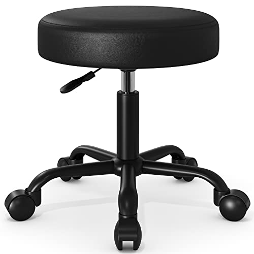 HOOMIC Rolling Stool Swivel Salon Shop Stool Chair Adjustable Drafting Stool Massage Spa Stool with PU Leather Cushioned in Black… - WoodArtSupply