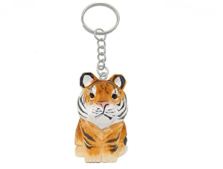 Selsela Tiger Keychain Ring Clip Charm Miniature Cat Bengal Striped Wood Mini Figurine Small Animal Selsela