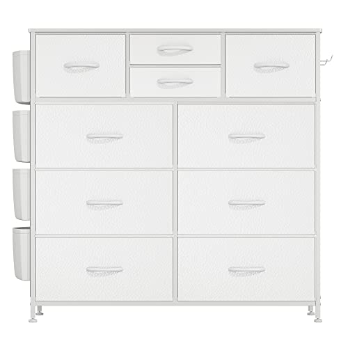 Lulive White Dresser for Bedroom with 10 Drawers, Chest of Drawers with Side Pockets and Hooks, PU Storage Dresser, Organizer Unit for Living Room, Lulive