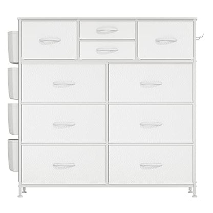 Lulive White Dresser for Bedroom with 10 Drawers, Chest of Drawers with Side Pockets and Hooks, PU Storage Dresser, Organizer Unit for Living Room, - WoodArtSupply