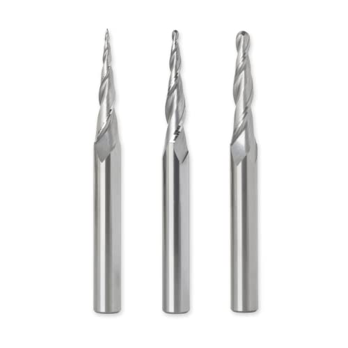 ROUTYBITS - 3 Pcs Tapered Ball Nose Router Bit Set - 1/32”, 1/16”, 1/8” Tip Diameter, 1/4 Inch Dia Shank, Solid Carbide, Spiral End Mills for 3D CNC RoutyBits