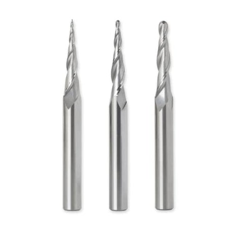 ROUTYBITS - 3 Pcs Tapered Ball Nose Router Bit Set - 1/32”, 1/16”, 1/8” Tip Diameter, 1/4 Inch Dia Shank, Solid Carbide, Spiral End Mills for 3D CNC RoutyBits