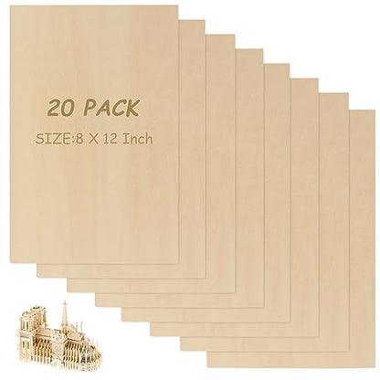 ABuff 20 Pack Basswood Sheets 1/16, 8 x 12 Inch Thin Craft Plywood Wood Sheets, Unfinished Plywood Board Thin Wood Board Sheets for Crafts, Model - WoodArtSupply