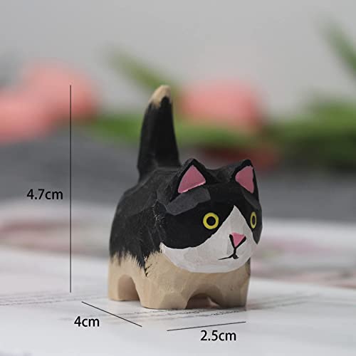 TALKLEK Small Wooden Cat Figurine - Small 1.85", Hand-Made, Wood Carving, Cat Decoration, Small Animals, Cat Lover (Black-White) TALKLEK