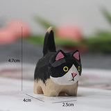 TALKLEK Small Wooden Cat Figurine - Small 1.85", Hand-Made, Wood Carving, Cat Decoration, Small Animals, Cat Lover (Black-White) TALKLEK