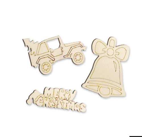 Christmas Icons - Unfinished Laser Cut Out Wooden Shapes for Crafting - Natural Wood - 15 Pieces (Jeep, Bell, Merry Christmas) Woodpile Fun!