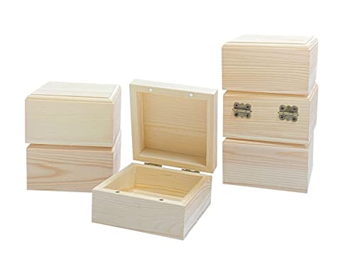 6 Pack Unfinished Wood Box Crafts Wooden Square Box with Magnetic Hinged Lid (3.5 x 3.5 x 1.9 in) Cregugua