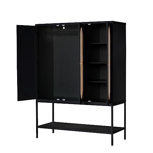 LEVNARY Large Armoire Wardrobe Closet with 3 Doors, Rattan Wardrobe Cabinet with Hanging Rail for Clothes, Freestanding Wooden Closet for Bedroom, LEVNARY