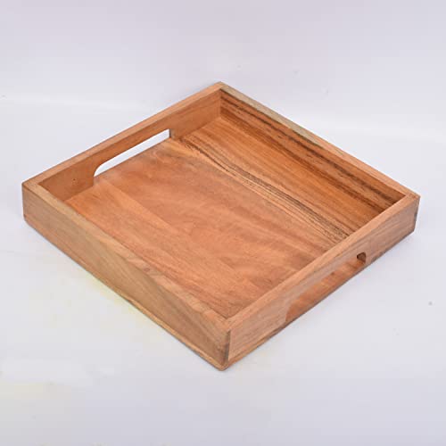 Samhita Acacia Wood Serving Tray with Handles,Wooden Serving Tray, Snack Tray, Breakfast Tray, Great for, Breakfast, Coffee |Size- 10" x 10" x 1.75" Samhita