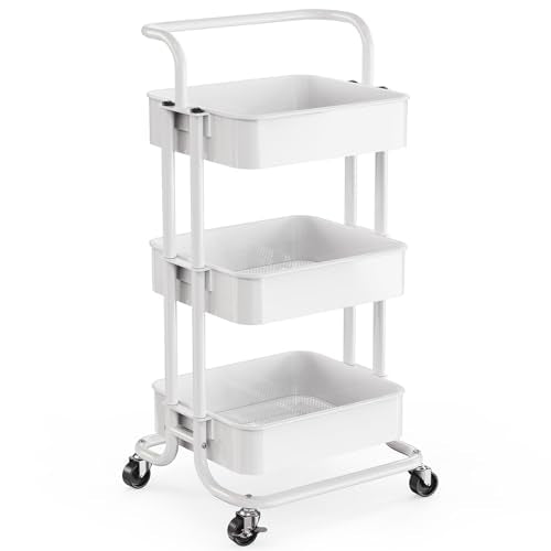 Pipishell 3 Tier Mesh Utility Cart, Rolling Metal Organization Cart with Handle and Lockable Wheels, Multifunctional Storage Shelves for Kitchen Pipishell