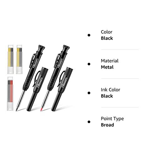 Hiboom 2 Pack Solid Carpenter Pencils with Pencil Cap and 18 Refills, Long Nose Deep Hole Mechanical Pencil Marker, Scribe Tool with Built-in Hiboom
